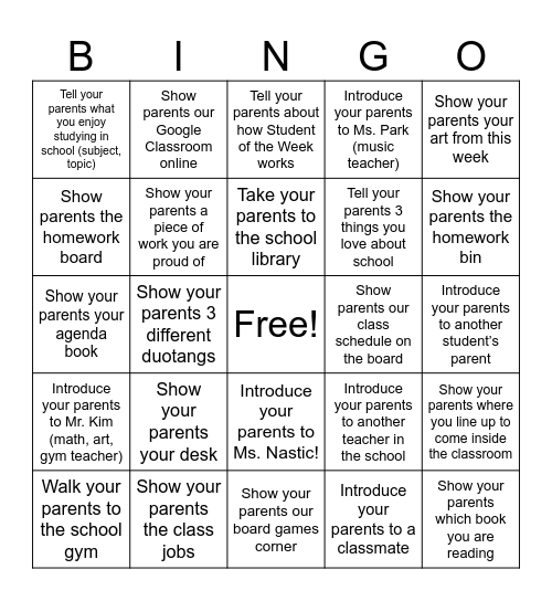 Meet the Teacher Night Bingo! Bingo Card