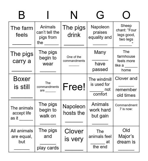 Animal Farm Chapter 10 Bingo Card