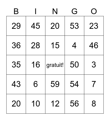 french- number Wilson zheng Bingo Card