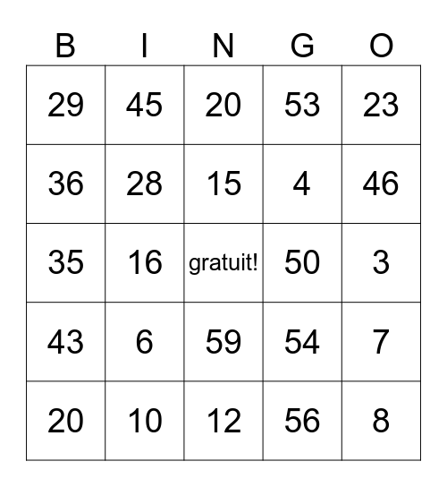 french- number Wilson zheng Bingo Card