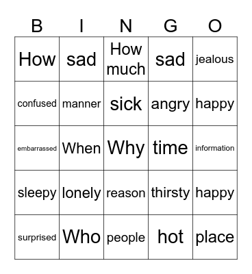 Wh Questions and Emotions Bingo Card