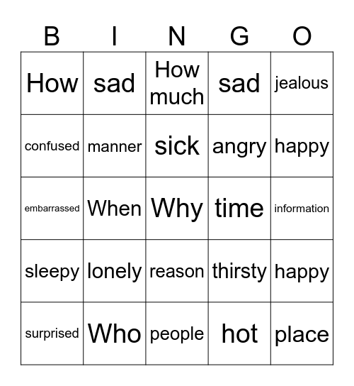Wh Questions and Emotions Bingo Card