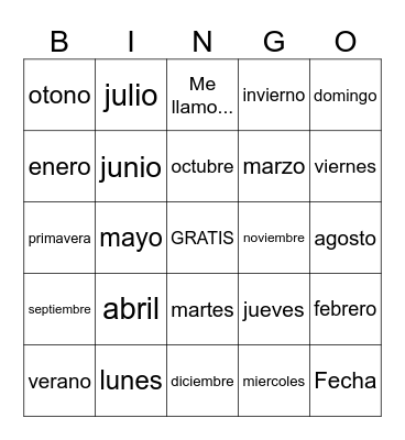 Meses, Estaciones y Dias de la semana Bingo Card