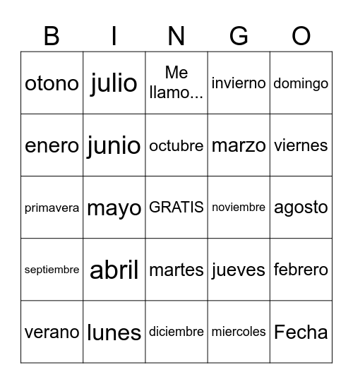 Meses, Estaciones y Dias de la semana Bingo Card