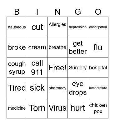 Health Signs Bingo Card