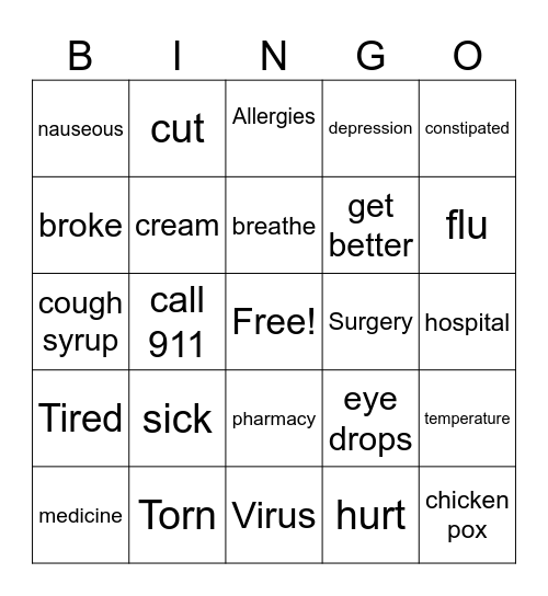 Health Signs Bingo Card