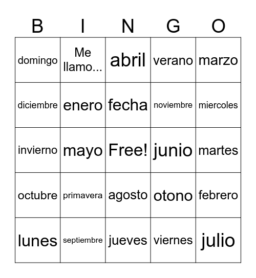 Meses, Estaciones y Dias de la Semana Bingo Card