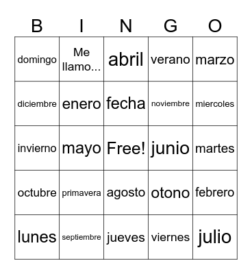 Meses, Estaciones y Dias de la Semana Bingo Card