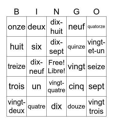 French Numbers 1-24 Bingo Card
