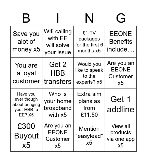 HOMEBROADBAND BINGO Card