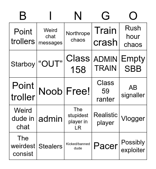 Lakeside rail bingo Card