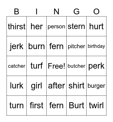 ir, ur, er Bingo Card