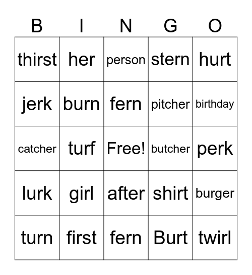 ir, ur, er Bingo Card
