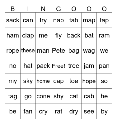 Short A  Long o,e,i Bingo Card