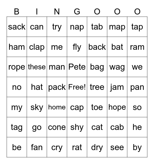 Short A  Long o,e,i Bingo Card
