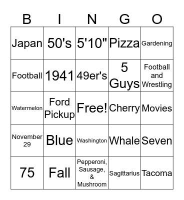 Grandpa's Birthday Bingo Card