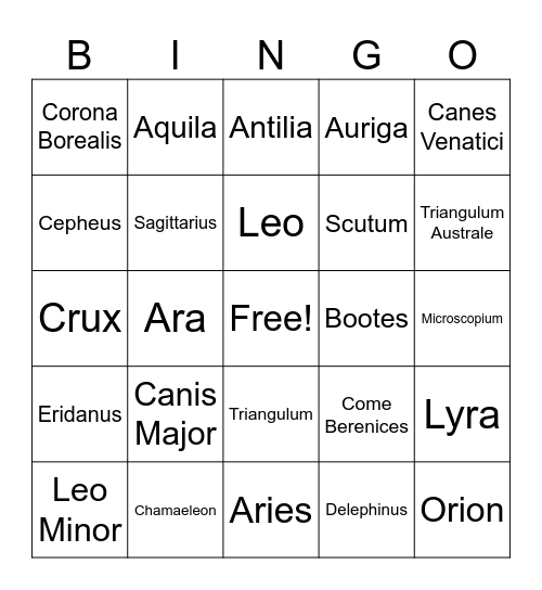Constellations Bingo Card