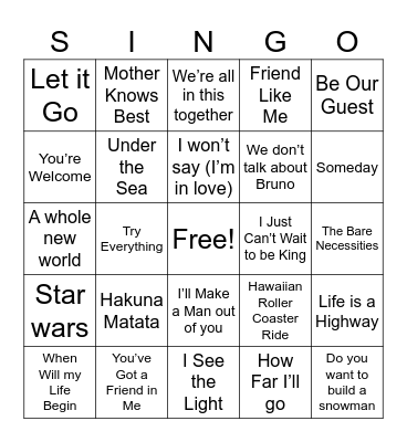 Disney SINGO Bingo Card