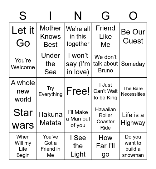 Disney SINGO Bingo Card