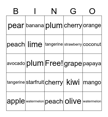 Fruits - Words Bingo Card