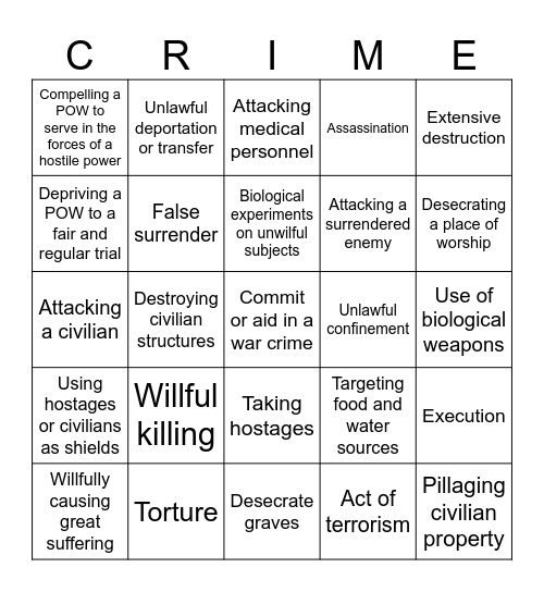 War Crimes Bingo Card