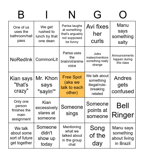 Kohn's 4P Class Bingo Card