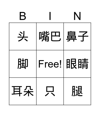 body part Bingo Card