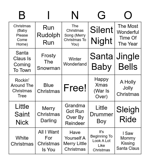 Holiday Songs Bingo Card