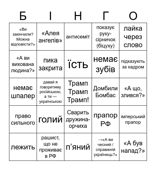 Бінго росіян Bingo Card