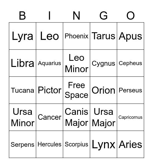 Constellations Bingo Card