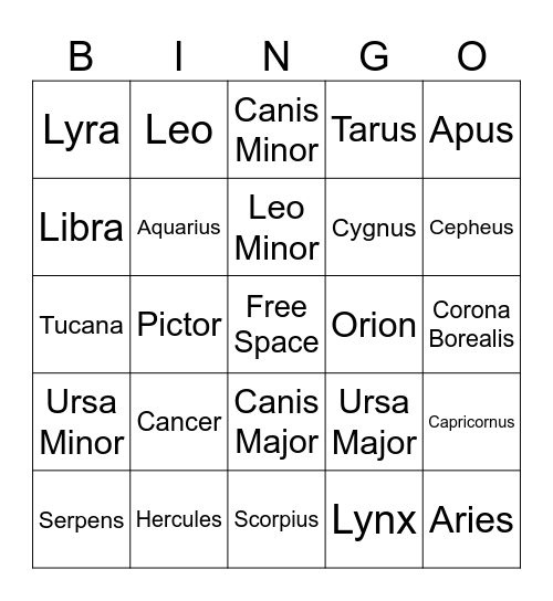 Constellations Bingo Card