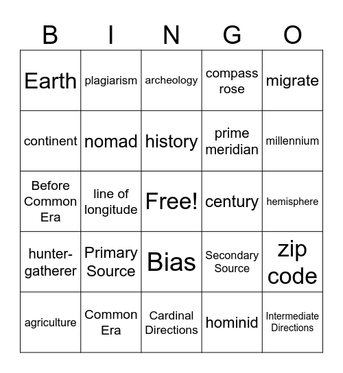 Geography - Uncovering the Past - Stone Ages Bingo Card