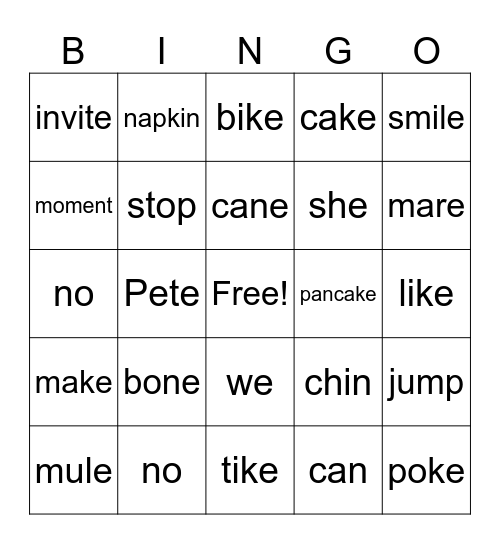 CVCe Bingo Card