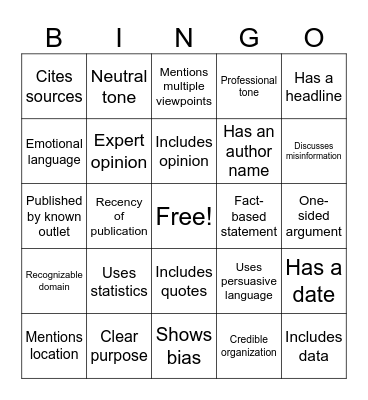 Media Credibility BINGO Card