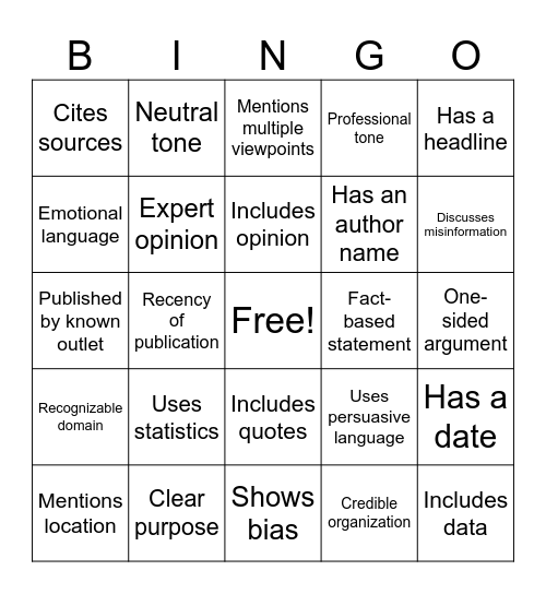 Media Credibility BINGO Card