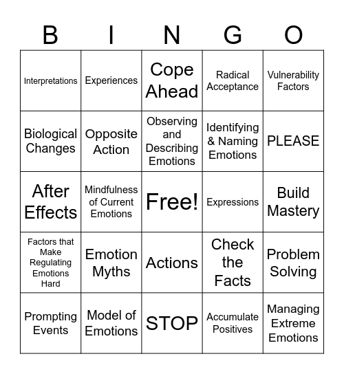Emotion Regulation Bingo Card