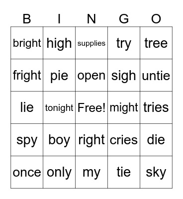 Long I Bingo Card