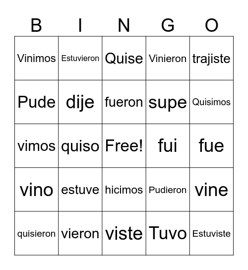 Irregular Preterite Bingo Card