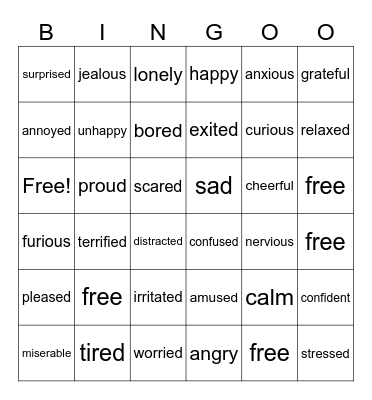 feelings and mood Bingo Card