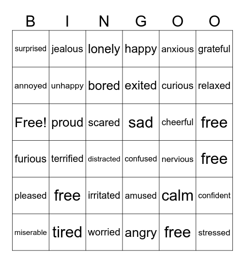 feelings and mood Bingo Card