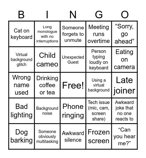 Work From Home Bingo Card