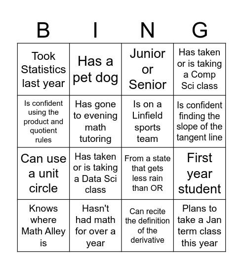 Calculus Community Bingo 2 Bingo Card