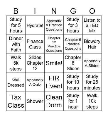Pushing P Bingo Card