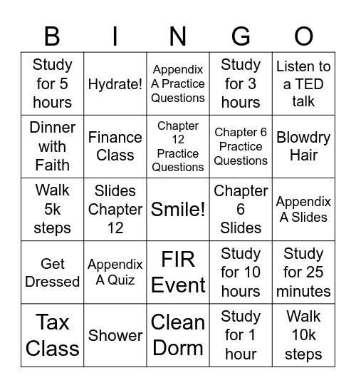 Pushing P Bingo Card