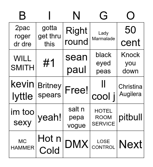 90/2000 PARTY HITS ( ARTIST OR TITLE) Bingo Card