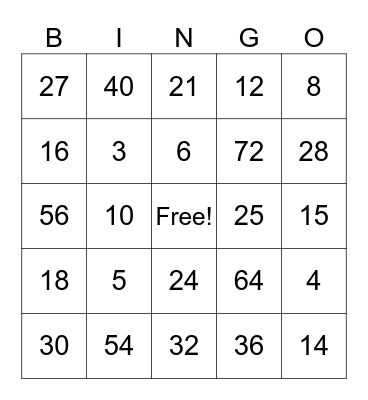 Multiplication Bingo Card