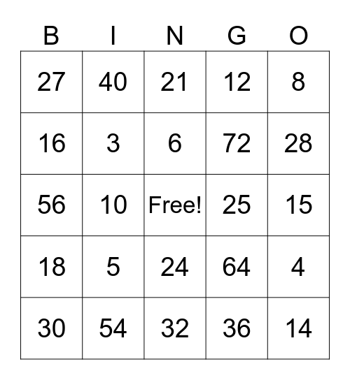 Multiplication Bingo Card
