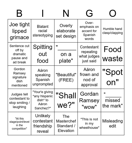 Masterchef Bingo Card