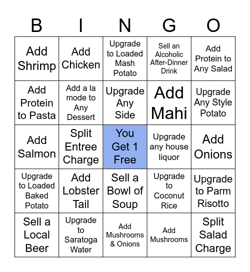 Upsell! Dinner - Each Space Counts for 1 Meal Only Bingo Card