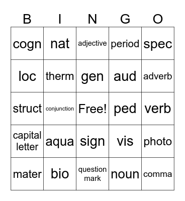 Greek/Latin Root Bingo Card